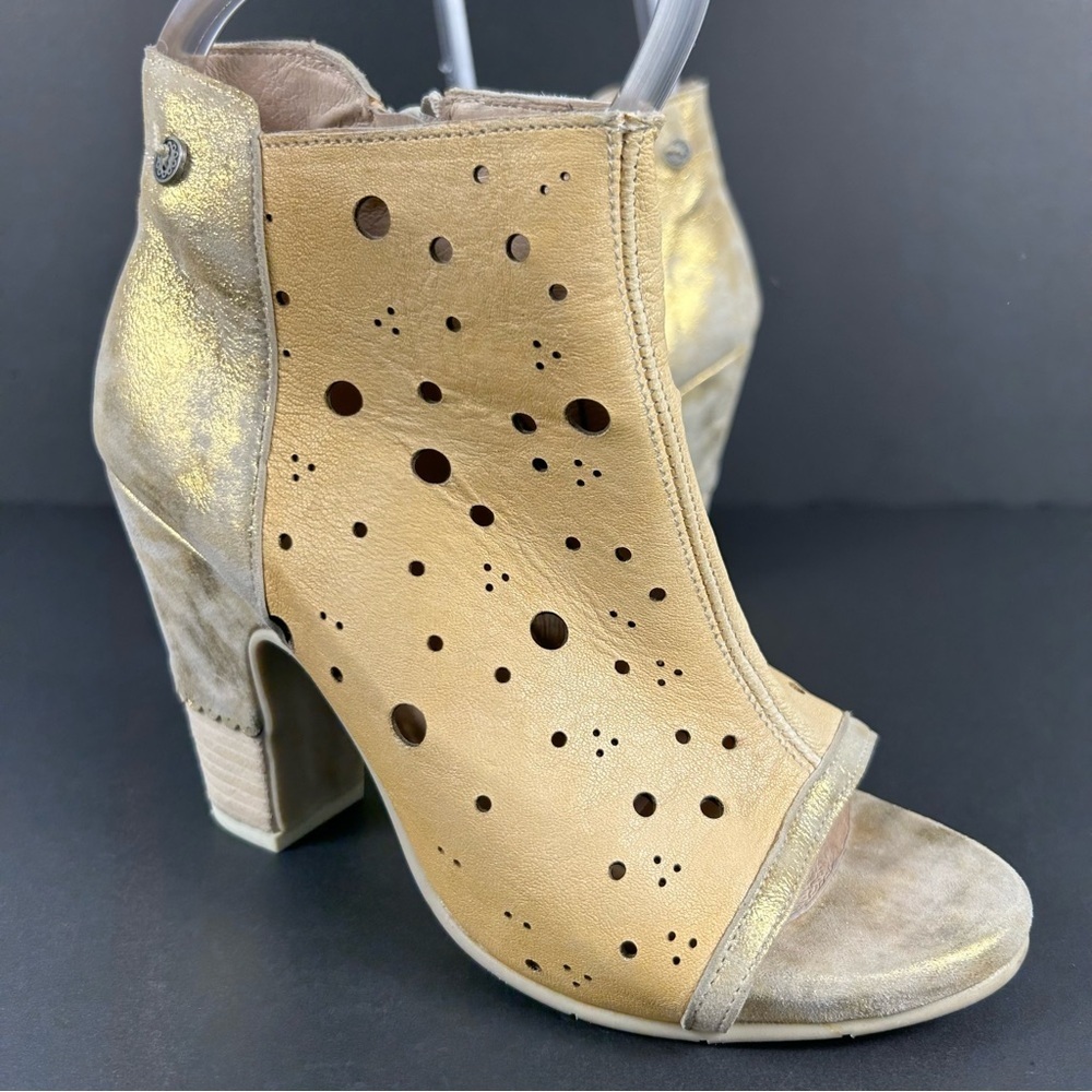Gold Button Leather Perforated Heeled Boots - Gold Metallic Peep Toe - Size 38